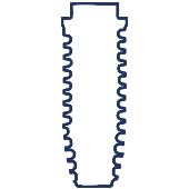 Dental implant illustration showing elongated cylindrical screw design with textured surface.