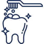 Tooth with toothbrush and sparkles representing dental cleaning and oral hygiene care.