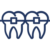 Two teeth with orthodontic braces and brackets connected by a wire.