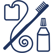 Dental care tools: toothbrush, floss, and mouthwash bottle icons representing oral hygiene.