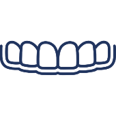 Dental prosthetic icon depicting a row of upper teeth or dental crown restoration.