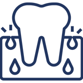 Dental implant icon showing tooth with surrounding support structure and water drops.