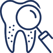 Tooth with magnifying glass and dental tools examining decay or cavities.