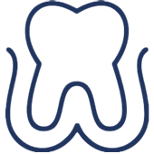 Tooth icon outline in dark blue representing dental care and dentistry services.
