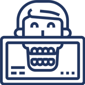 Robot with shopping basket on computer screen, representing online dental shopping or e-commerce service.