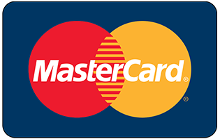 MasterCard logo featuring red and yellow overlapping circles on dark blue background.